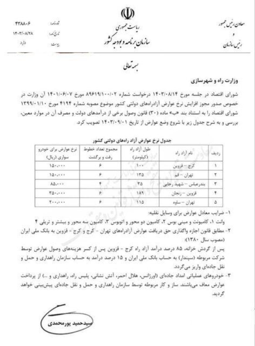 نرخ عوارض آزادراه بندرعباس و۴ آزادراه‌ دولتی دیگر تغییر کرد