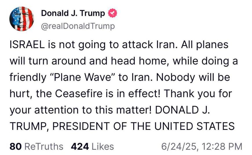 ترامپ: اسرائیل به ایران حمله نخواهد کرد و همه هواپیماها پس از ادای احترام دوستانه به ایران، بازخواهند گشت