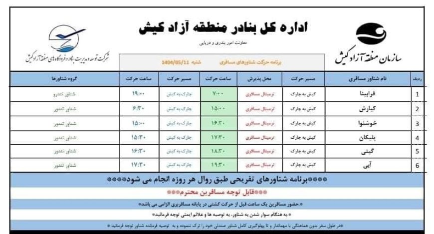 برنامه حرکت شناورهای مسافری جزیره کیش مورخ شنبه ۱۱ مردادماه ۱۴۰۴