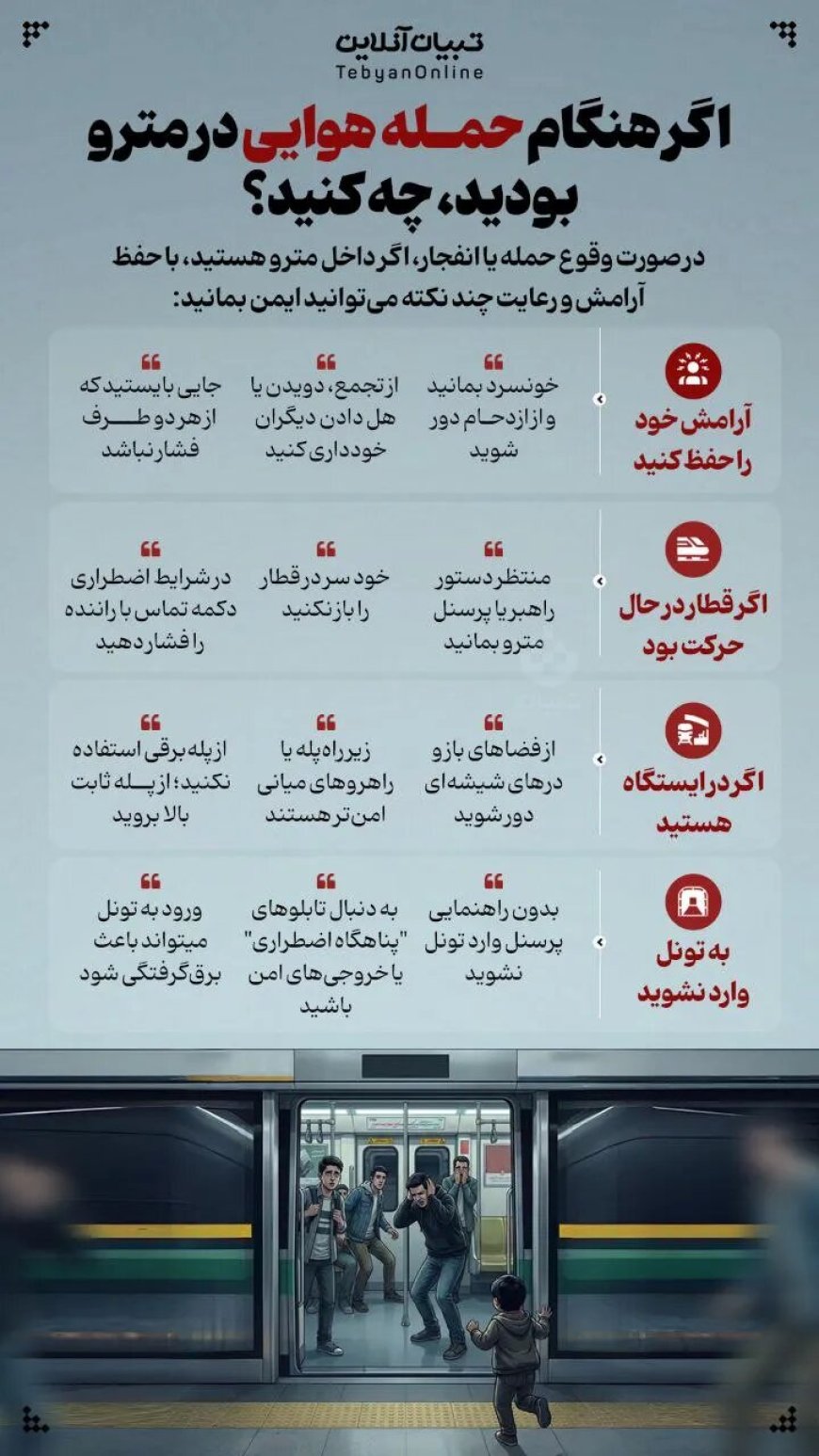 اینفوگرافیک| اگر هنگام حمله هوایی در مترو بودیم، چه کنیم؟