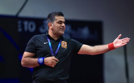 قضاوت داور بین‌المللی آبادانی در رقابت‌های کشتی فرنگی جوانان آسیا