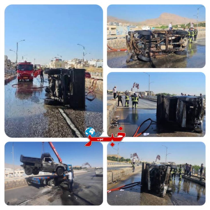 واژگونی و آتش‌سوزی نیسان در بلوار آفرینش شیراز؛ ۶ نفر مصدوم شدند